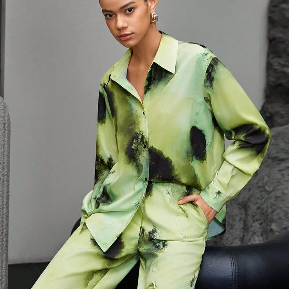 Green Casual Women's Tie-dye Drop Shoulder Shirt And Pants Two-piece Set - Picture 4 of 4